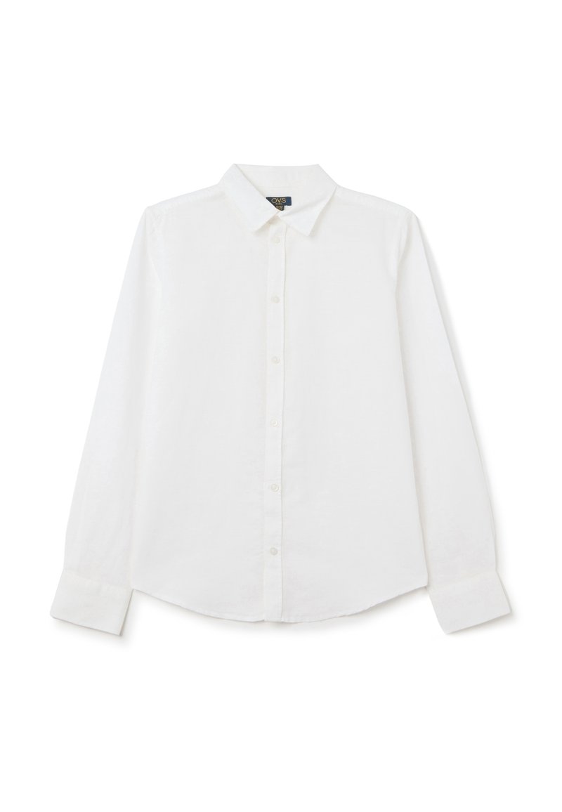 Camisa blanca de manga larga con botones, hecha de una tela ligera, con un collar clásico, placket de botones y mangas con puños.
