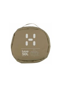 Borsa da stoccaggio rotonda beige etichettata "Lava 50L," con grafiche bianche e dimensioni, dotata di maniglia superiore per un facile trasporto.