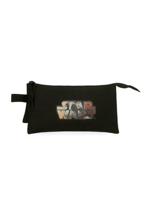 Estuche rectangular negro con cremallera y logotipo de Star Wars que incluye imágenes de personajes dentro de las letras, con asa lateral en forma de lazo.