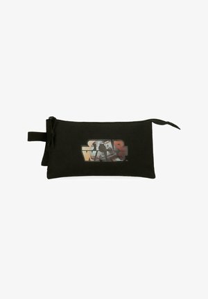 Estuche rectangular negro con cremallera y logotipo de Star Wars que incluye imágenes de personajes dentro de las letras, con asa lateral en forma de lazo.