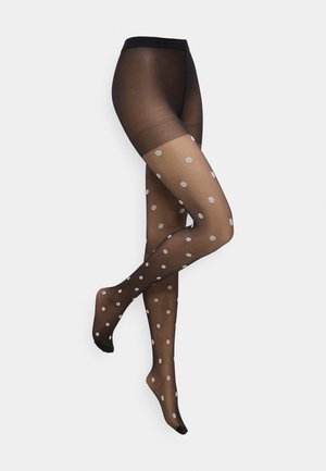 Μαύρο καλσόν με σχέδια που διαθέτει διαφανές σχέδιο στο πόδι με λευκά στολίδια λουλουδιών· αδιαφανής μέση· λεία υφή· σχεδιασμένο για κάλυψη ποδιών.