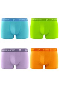 Quatre paires de slips boxers pour hommes en bleu clair, vert néon, lavande et orange, chacune avec des ceintures de logo contrastantes.