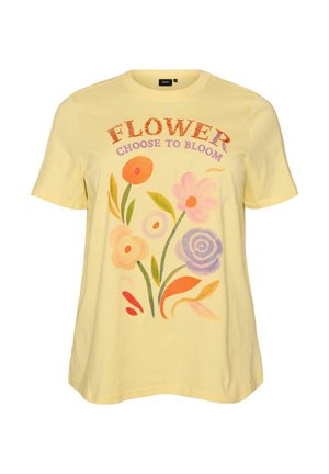Gul T-shirt med farverige illustrerede blomster og teksten "FLOWER CHOOSE TO BLOOM" trykt på fronten.