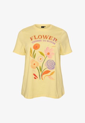 Gelbes T-Shirt mit bunten illustrierten Blumen und dem Text „FLOWER CHOOSE TO BLOOM“ auf der Vorderseite.