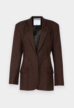 Brun mønstret blazer lavet af tekstureret stof, med en enkelt knaplukning, spidse klapper og to frontlommer. Sort foer synligt.