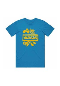 Blue cotton T-shirt featuring a yellow graphic design with the text "oasis" framed in a rectangular box, surrounded by abstract shapes.