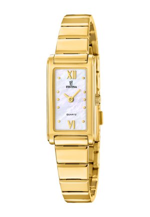 Reloj de pulsera rectangular Festina de oro con esfera blanca, números romanos doce y seis, puntos dorados y movimiento de cuarzo.