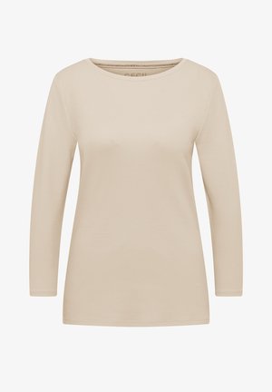 Beige langemouwen T-shirt gemaakt van zachte stof, met een ronde halslijn en een rechte snit. Geen patronen of accenten zichtbaar.