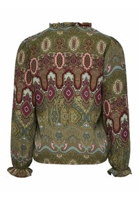 Pitkähihaista paitaa paisley-kuvioilla vihreässä, burgundinpunaisessa ja vaaleanpunaisessa. Varustettu kerätyllä kauluksella ja joustavuusrannekkeilla. Pehmeä kankaan rakenne.