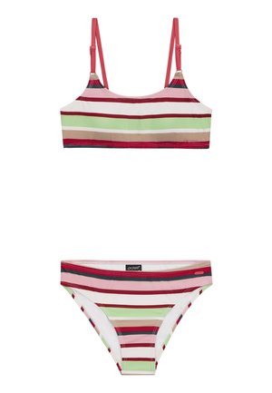 Dwuczęściowy strój kąpielowy w paski, składający się z crop topu z regulowanymi ramiączkami oraz pasującego bikini. Kolory to czerwień, zieleń, biel i brąz.