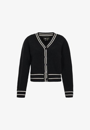 Černý pletený kardigan s bílým pruhovaným lemem na límci, manžetách a spodním okraji, se pěti předními knoflíky a výstřihem do V.