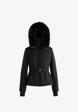 Schwarze gepolsterte Jacke mit abnehmbarem Kunstfellkragen, tailliertem Schnitt, enganliegenden Ärmeln und Reißverschlusstaschen auf der Vorderseite.