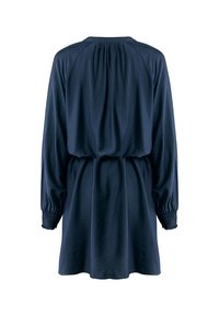 Vestito blu navy con maniche lunghe e voluminose, scollo arricciato e vita elastica. Tessuto liscio con una silhouette classica e semplice.
