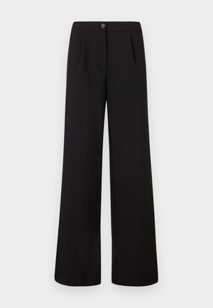 Pantaloni neri a vita alta con gamba larga, dotati di chiusura frontale con bottone e zip, caratterizzati da sottili pieghe sotto la vita.