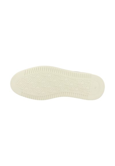 Sohle eines beigen Sneakers mit gemustertem Profil und gerillten Kanten, Größe mit 42 im Fersenbereich markiert.