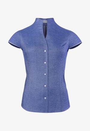 Chemise à manches courtes, bleu, avec un col mandarin, présentant un motif texturé subtil et des accents blancs le long des manches.