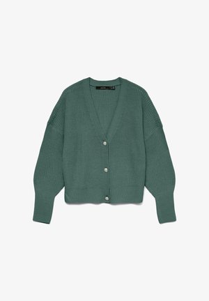 Zielony sweter kardigan z głębokim dekoltem w serek, długimi bufiastymi rękawami, ściągaczami na mankietach i dole oraz trzema dekoracyjnymi guzikami z przodu.
