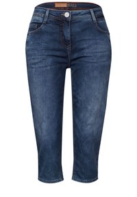 Denimové capri kalhoty v tmavě modré barvě. Obsahují pět kapes, přední knoflík a zapínání na zip. Mírně opotřebovaný vzhled a rovný střih.