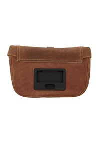 Brown leather bag with a fold-over top, black hardware slot, and visible stitching. Smooth texture with a slightly distressed finish.