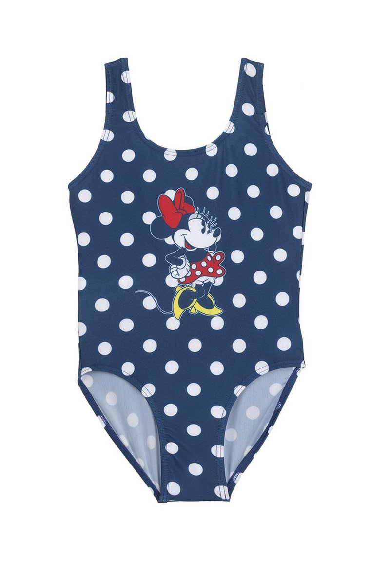 Costume da bagno intero blu navy con pois, caratterizzato da un design di personaggio stampato. Tessuto liscio con spalline larghe e scollatura a cappuccio.