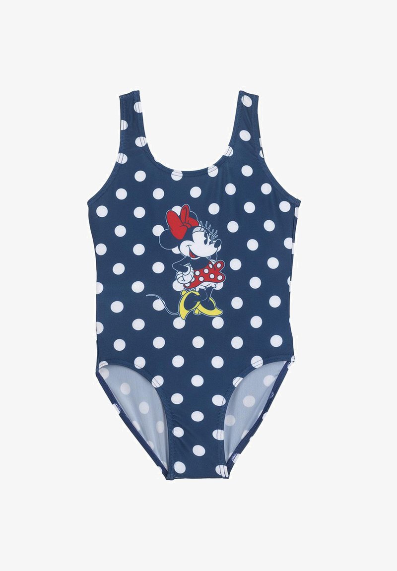 Maillot de bain une pièce à pois bleu marine avec un design de personnage imprimé. Texture lisse avec bretelles larges et dos en scoop.