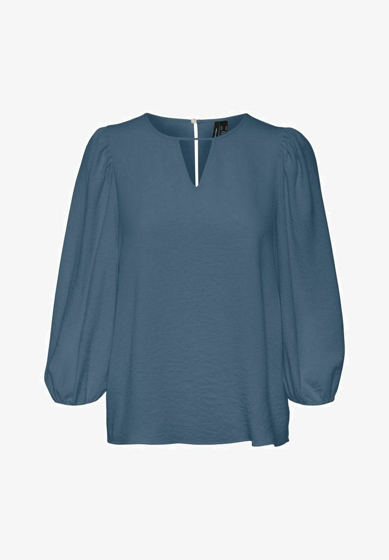Blouse bleue à manches longues avec des manches bouffantes froncées et une petite encoche en V au col rond, dotée d'une fermeture à boutons dans le dos.