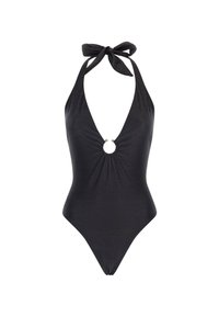 Maillot de bain une pièce noir à col halter avec un décolleté en V profond, un détail central froncé et un accent métallique circulaire. Texture de tissu lisse.