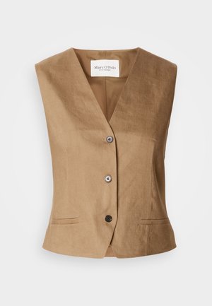 Pruun vesti V-kaelusega disainiga, millel on kaks esikotti, kuus nuppu sulgemiseks ja sile, tekstuuriline kangas.