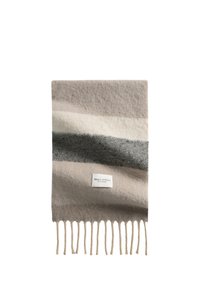 Wełniany szalik z geometrycznymi paskami w kolorach beżu, kremu i szarości. Wykończony frędzlami i oznaczony logo marki.
