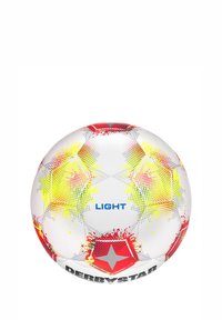 Pallone da calcio Derbystar light, bianco con motivi a macchie rosse e gialle, caratterizzato da una superficie liscia e distinti pannelli esagonali.
