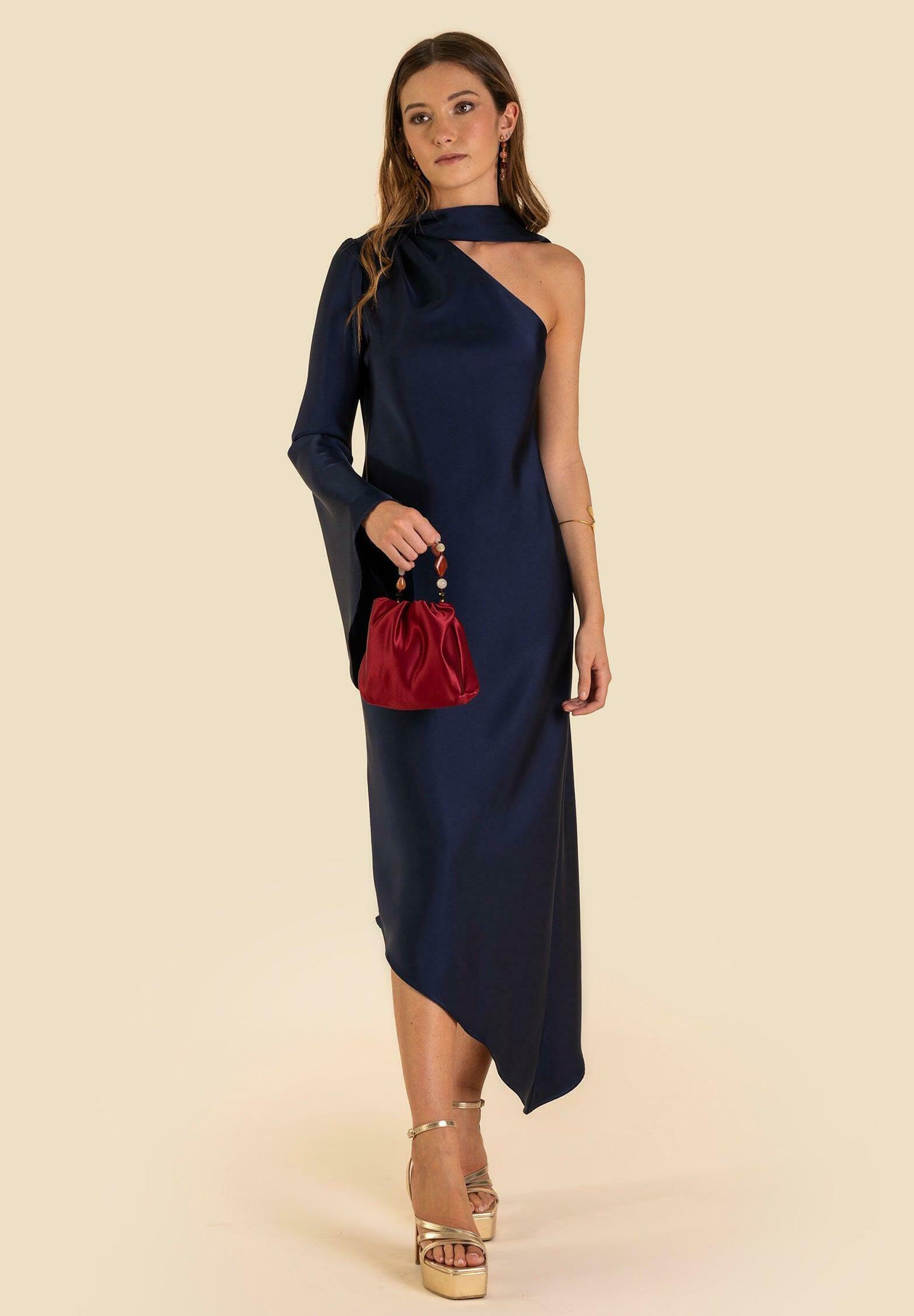 navy blue asymmetric hem one shoulder dress Ever-Pretty Pleated V-Neck 3/4 Sleeves Asymmetrical Hem Cocktail Dress main image 1