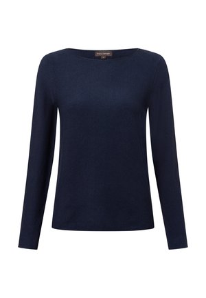 Marineblaues Langarmoberteil mit Rundhalsausschnitt und strukturiertem Strickstoff. Hat einen geraden Saum und ein minimalistisches Design. Etikett sichtbar.