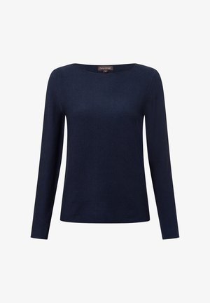 Marineblauwe longsleeve top met ronde hals en textuur gebreid fabric. Heeft een rechte zoom en een minimalistisch ontwerp. Label zichtbaar.