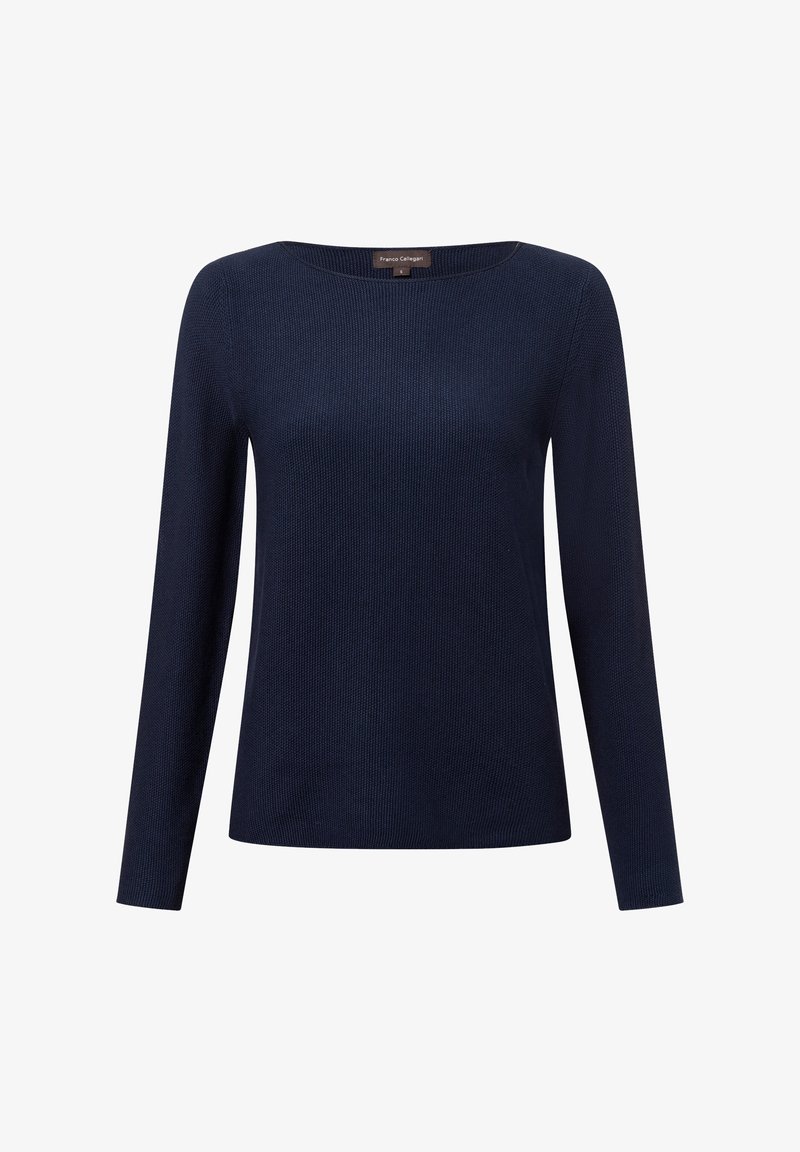 Marineblaues Langarmoberteil mit Rundhalsausschnitt und strukturiertem Strickstoff. Hat einen geraden Saum und ein minimalistisches Design. Etikett sichtbar.