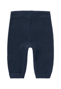 Marineblauwe gebreide leggings met ribgebreide boorden en tailleband, textuurstof met een horizontaal patroon, eenvoudig ontwerp zonder accenten.