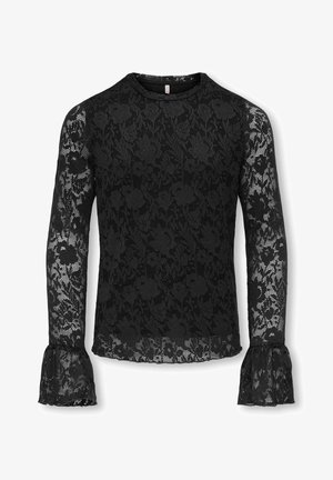 Juodas nėriniuotas ilgomis rankovėmis paltukas su gėlių raštu, apvaliu kaklu ir plačiais rankogaliais. Permatoma audinio tekstūra, aptemptas siluetas.