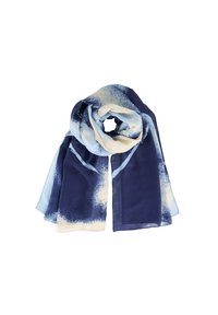 Seidenschal in Marineblau und Hellblau, mit einem abstrakten gepunkteten Muster, leicht und mit weicher Textur, mit fließendem Fall.