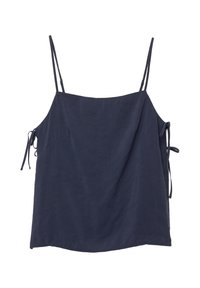 Top senza maniche blu navy con spalline sottili e regolabili, presenta dettagli con nastri sui lati e una vestibilità ampia e comoda. Texture liscia.
