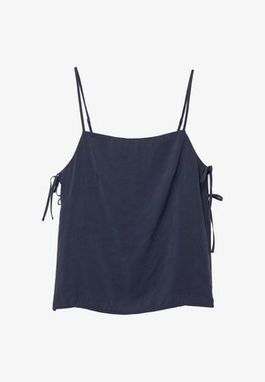 Námořnická modrá bezramínková blůza s tenkými nastavitelnými ramínky, se šňůrkovými detaily po stranách a volným, uvolněným střihem. Hladká textura.