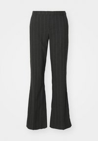 Black pinstriped flared trousers with a smooth texture, featuring a fitted waist and subtle vertical lines for added detail.