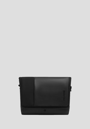 Black rectangular messenger bag with a flap cover featuring smooth and textured sections and a small logo near the bottom center.