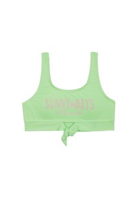 Top corto verde chiaro realizzato in materiale elastico, con dettaglio anteriore annodato e la scritta "GIORNATE SOLEGGIATE al mare" in rosa.