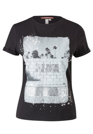 Black short-sleeve t-shirt with a grayscale graphic of palm trees, a wall, and text reading "I'LL BE WAITING IN THE SUNSHINE" on front.