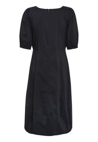 Črna midi obleka s kratkimi nabranimi rokavi, šivom v pasu in zadrgo na hrbtni strani, prikazana na belem ozadju.