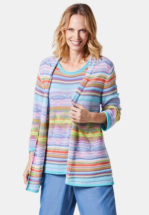 Multi-colored cardigan and top set featuring horizontal stripes in pastel shades, lightweight knit, and a relaxed fit with three-quarter sleeves.