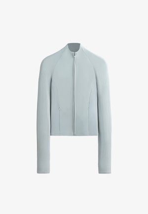 Lichtblauwe, rits voorkant jas met ribbelstructuur op de mouwen, aansluitend ontwerp en twee zij-ritszakken. Glad materiaal overal.