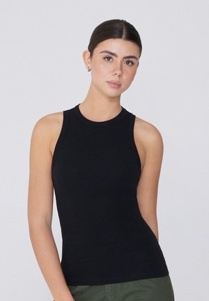 Schwarzes, ärmelloses, geripptes Tanktop mit taillierter Passform, runder Halslinie und glatter Textur. Geeignet zum Layering oder für legere Anlässe.
