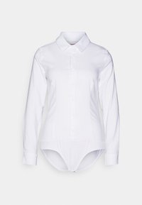 Camicia bianca a maniche lunghe con colletto alla francese, caratterizzata da un design aderente e chiusura a snap sul fondo. Realizzata in tessuto morbido e leggero.
