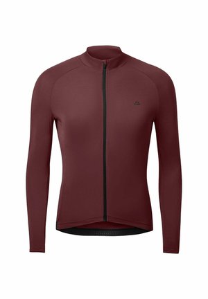 Langärmeliges, durchgehendes Radtrikot in dunkelburgunder mit kleinem schwarzem Logo auf der linken Brust und hohem Kragen.