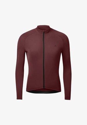 Langärmeliges, durchgehendes Radtrikot in dunkelburgunder mit kleinem schwarzem Logo auf der linken Brust und hohem Kragen.